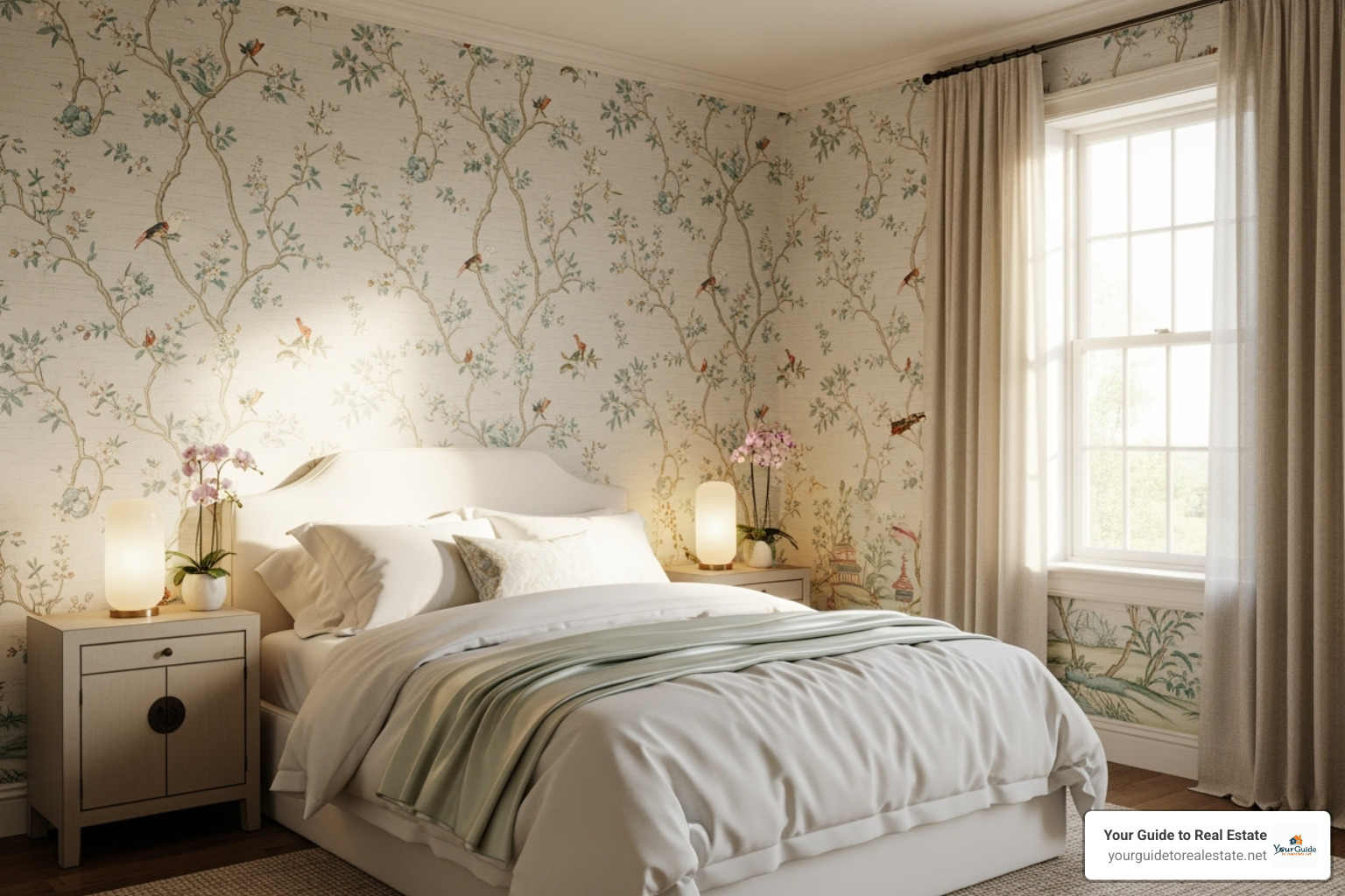 serene bedroom with a delicate chinoiserie wallpaper - preppy wallpaper