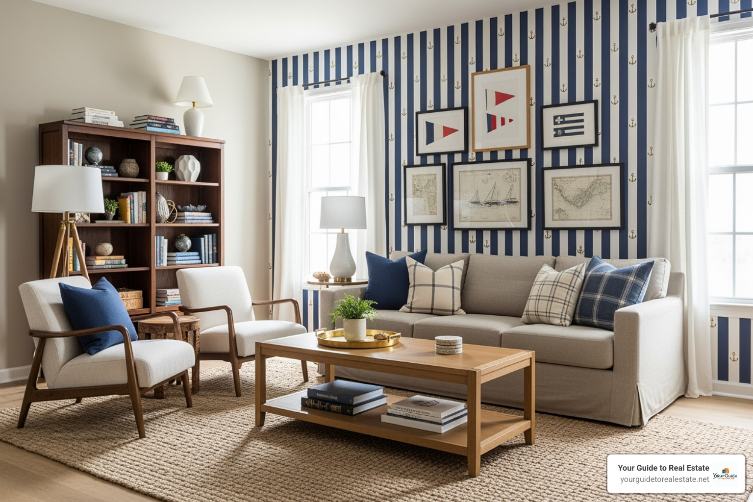 well-styled living room balancing a bold preppy wallpaper with neutral furniture - preppy wallpaper
