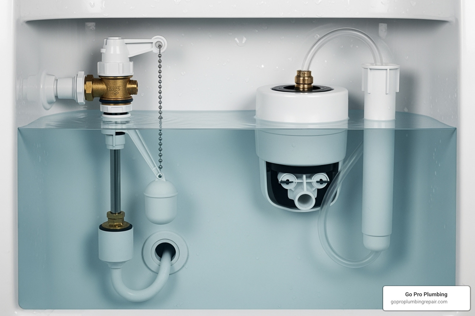 inside of a toilet tank with fill and flush valves - Dual flush conversion kit