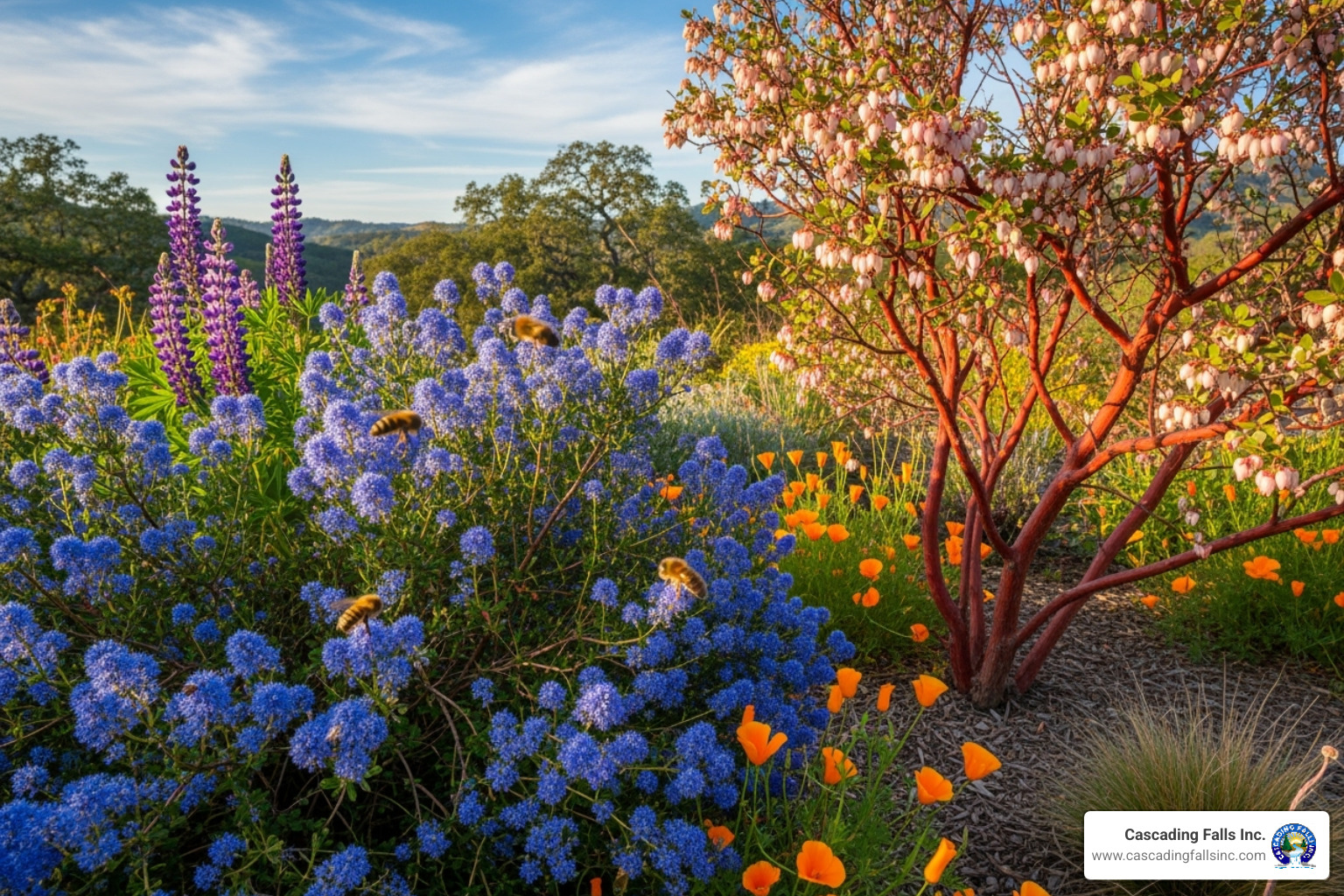 Vibrant garden featuring California native plants like Ceanothus and Manzanita - garden design sacramento