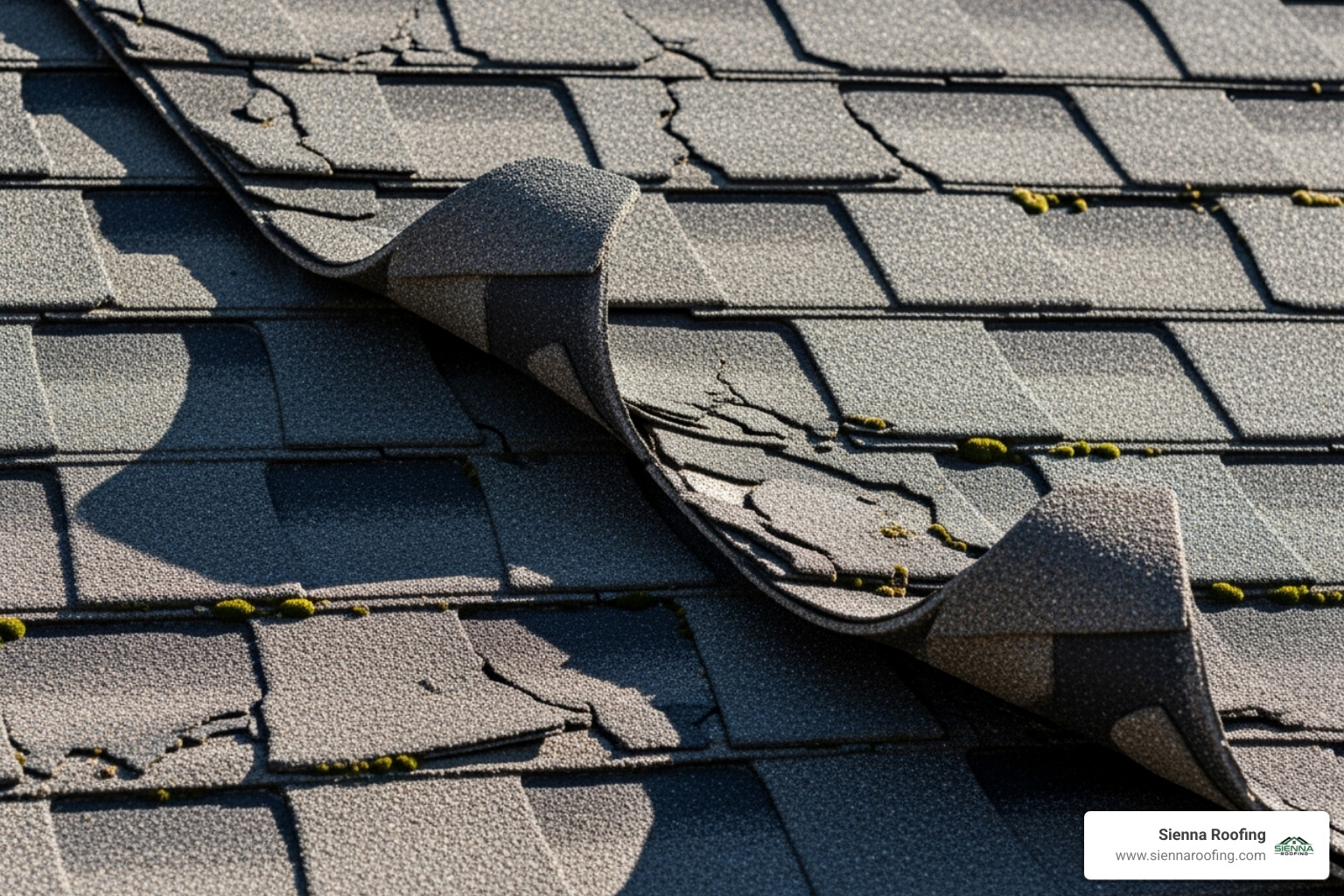 curled and cracked asphalt shingles on a roof - roof installation Pearland TX