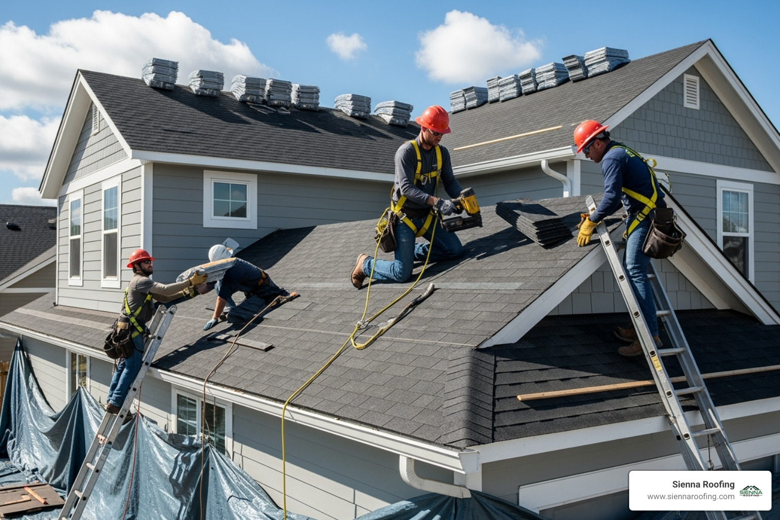 professional roofing crew working safely on a roof installation - roof installation Pearland TX