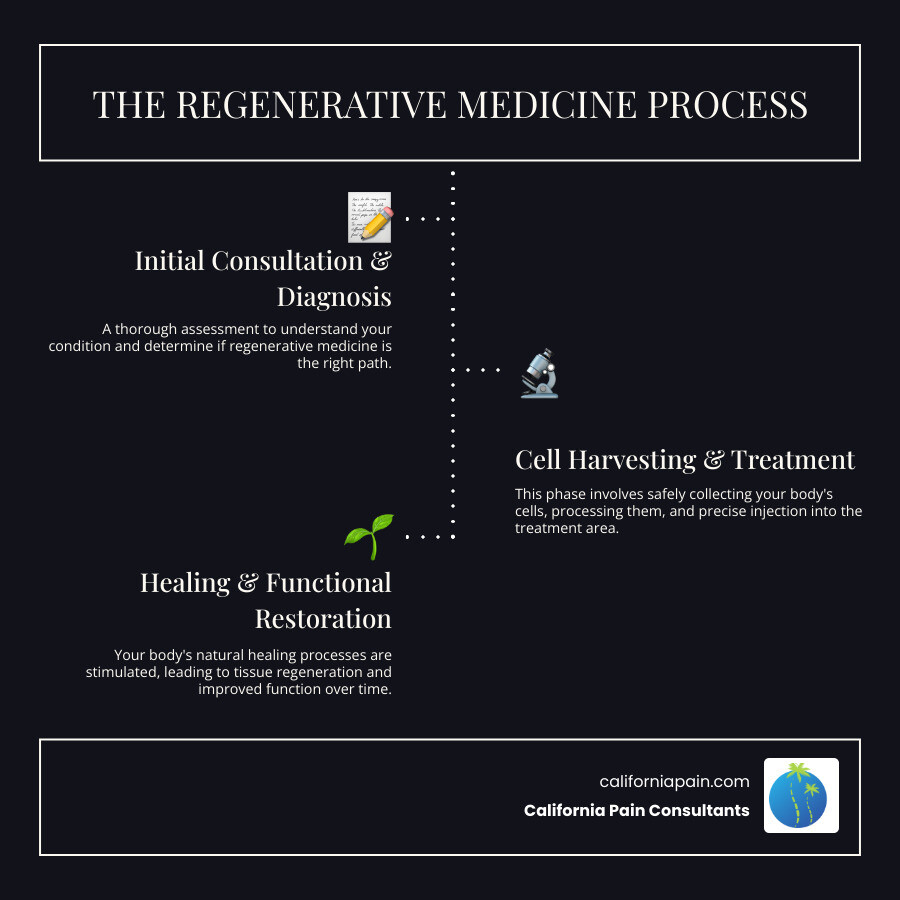 Infographic showing the regenerative medicine process from initial consultation through stem cell harvesting, processing, injection, and tissue regeneration phases with timeline and expected outcomes - regenerative medicine infographic infographic-line-3-steps-dark