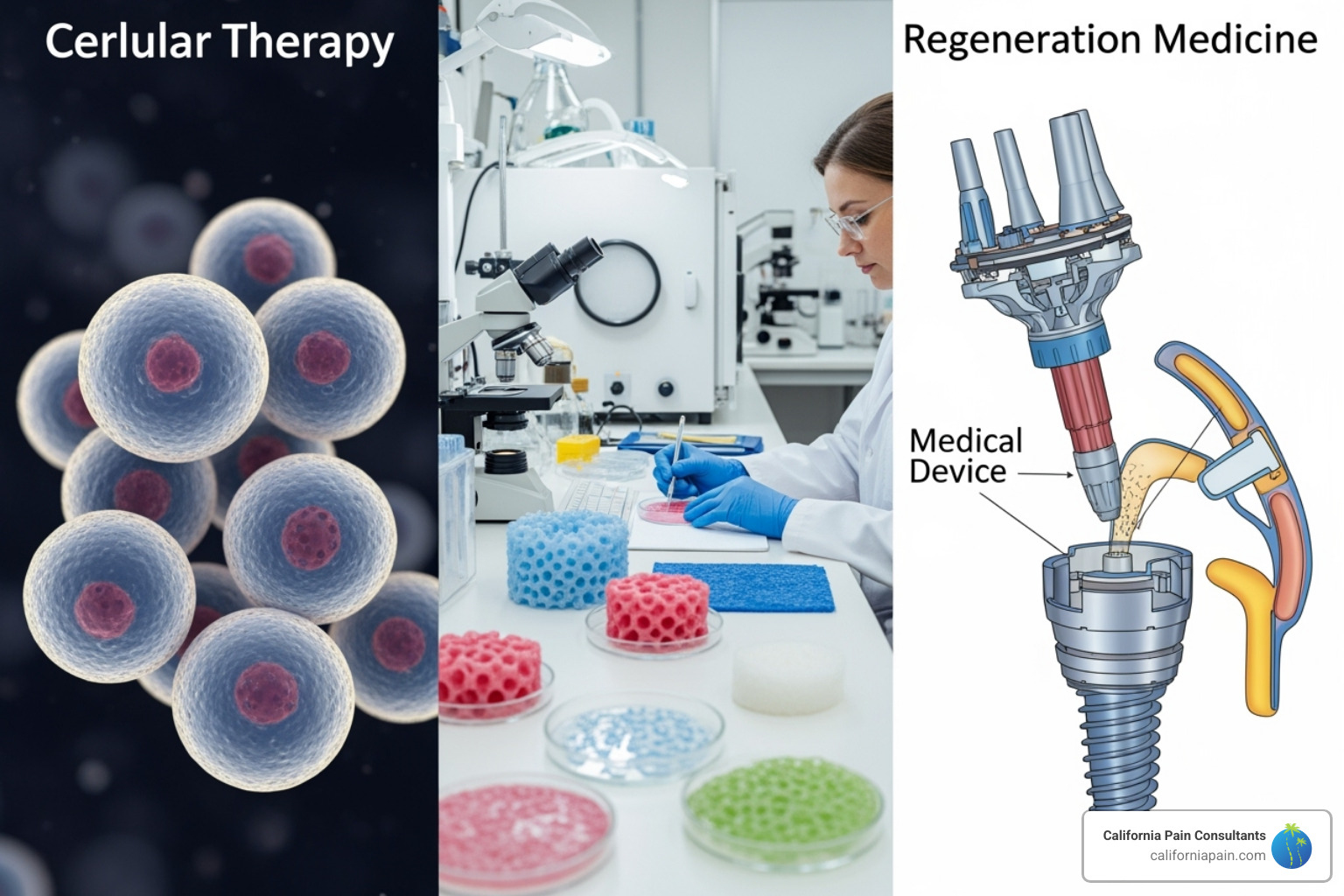 Image illustrating the different approaches to regenerative medicine: cellular therapies, tissue engineering, and medical devices - regenerative medicine