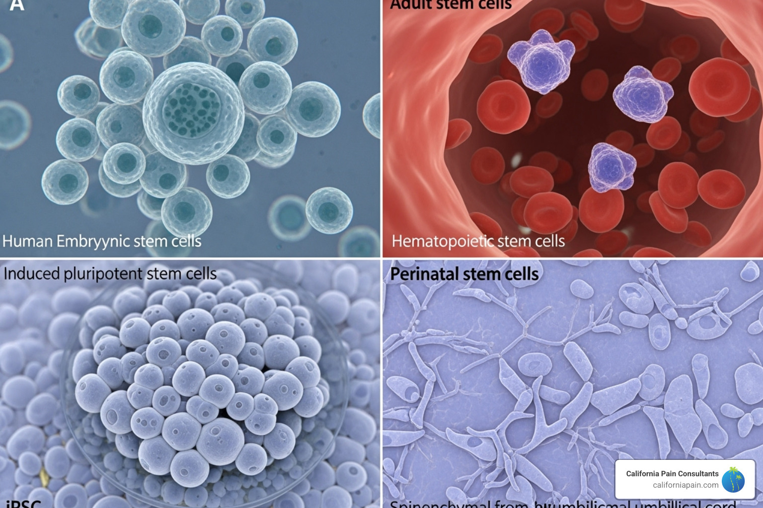 Image showing different types of stem cells: embryonic, adult, iPSCs, and perinatal - regenerative medicine