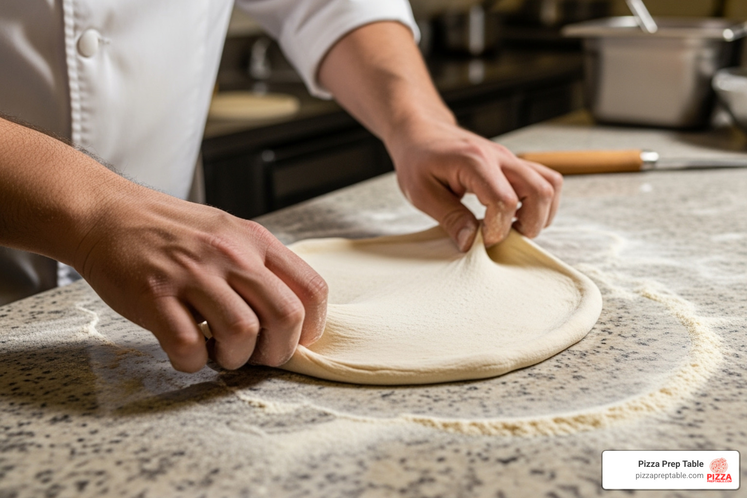 Chef spreading dough on a granite countertop prep table - 3 door pizza topping fridge