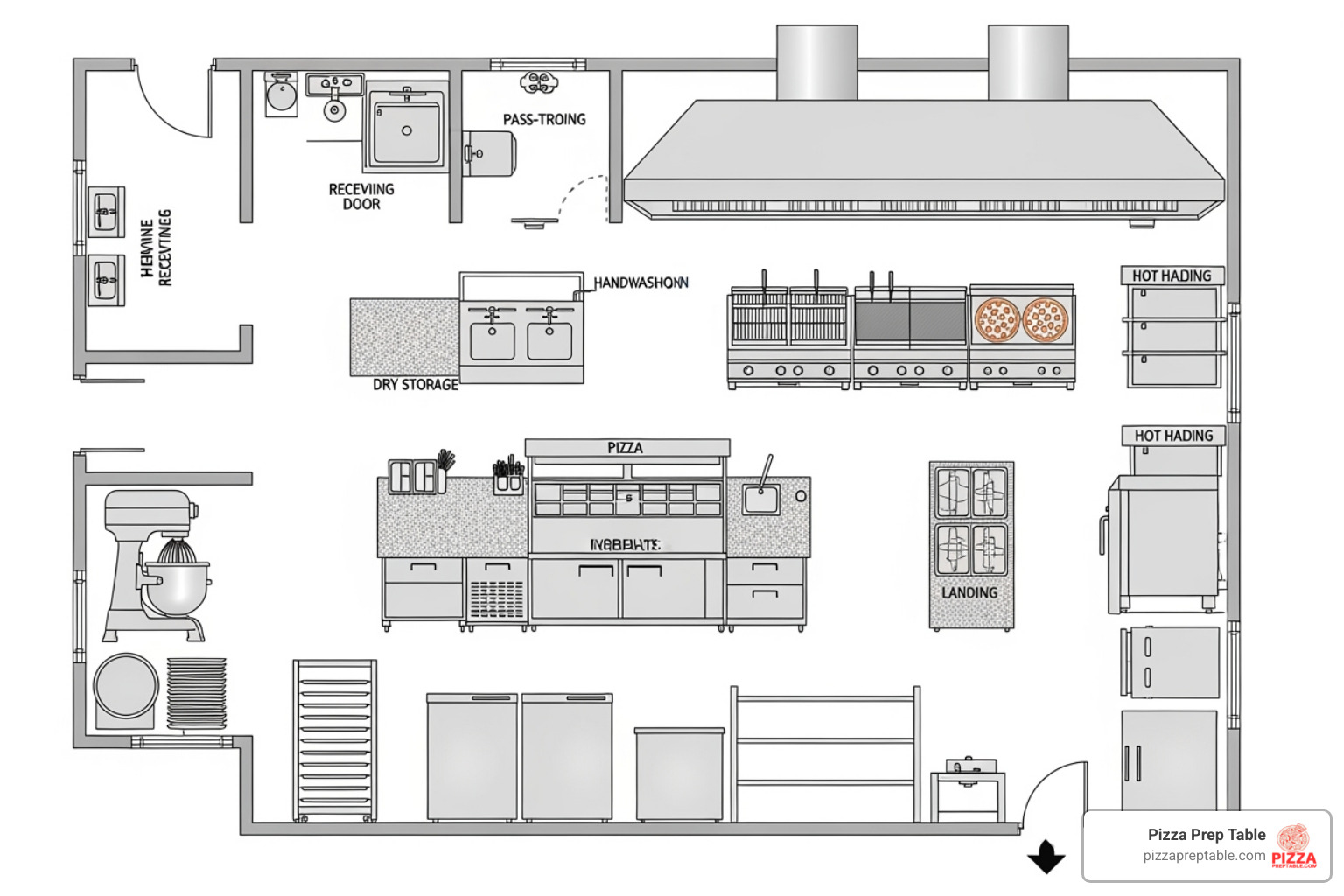 Kitchen layout plan showing where a prep table fits - 3 door pizza topping fridge