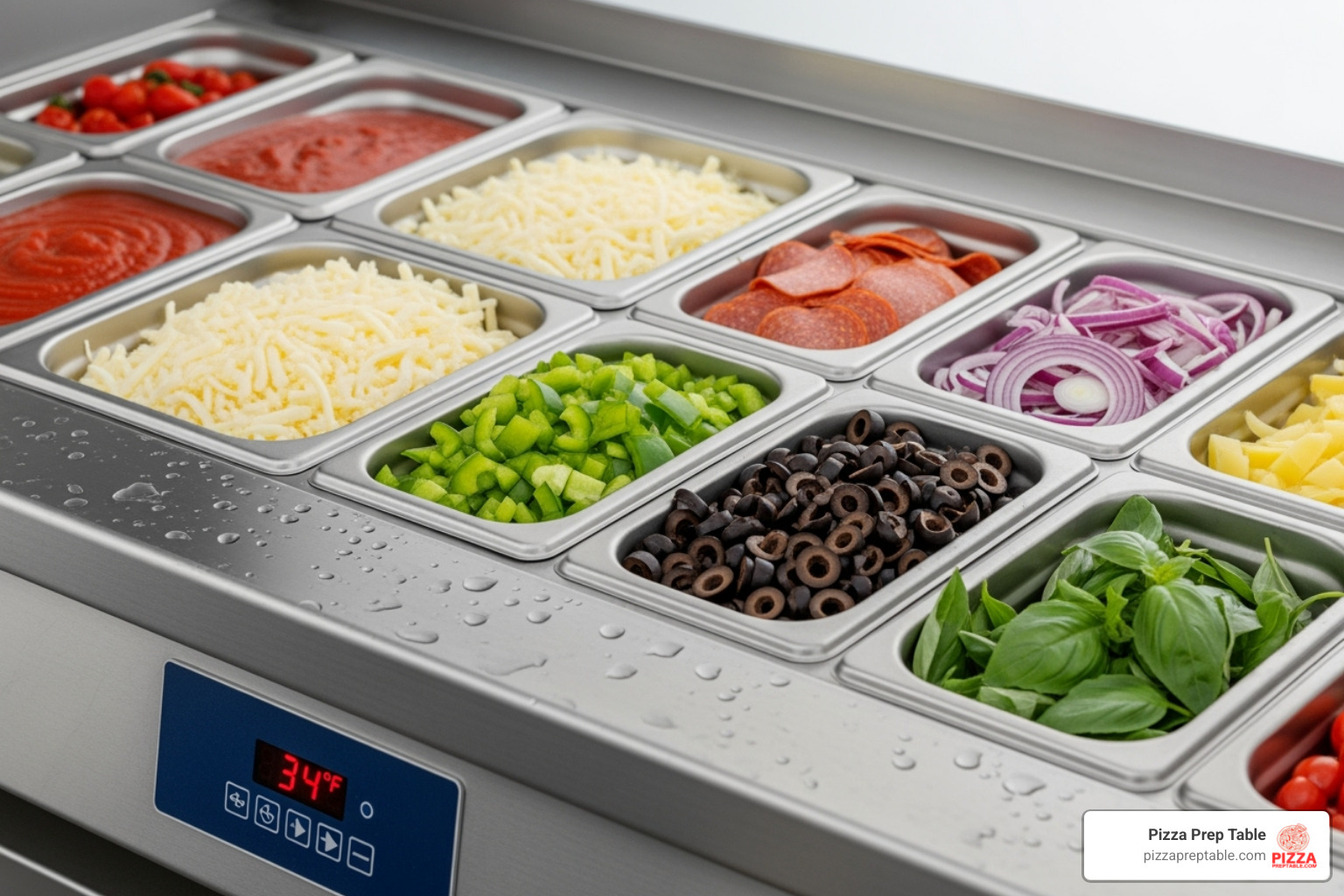 Digital thermostat and refrigerated topping rail with GN pans - 3 door pizza topping fridge