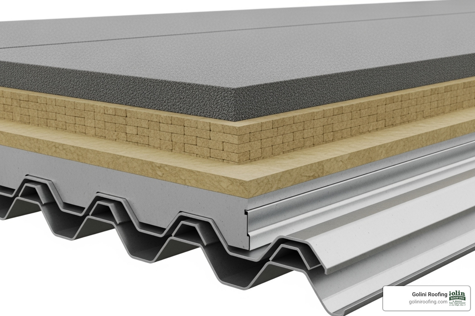 Image showing layers of a commercial roofing system including decking, insulation, and membrane. - Commercial roof estimate Image showing layers of a commercial roofing system including decking, insulation, and membrane. - Commercial roof estimate
