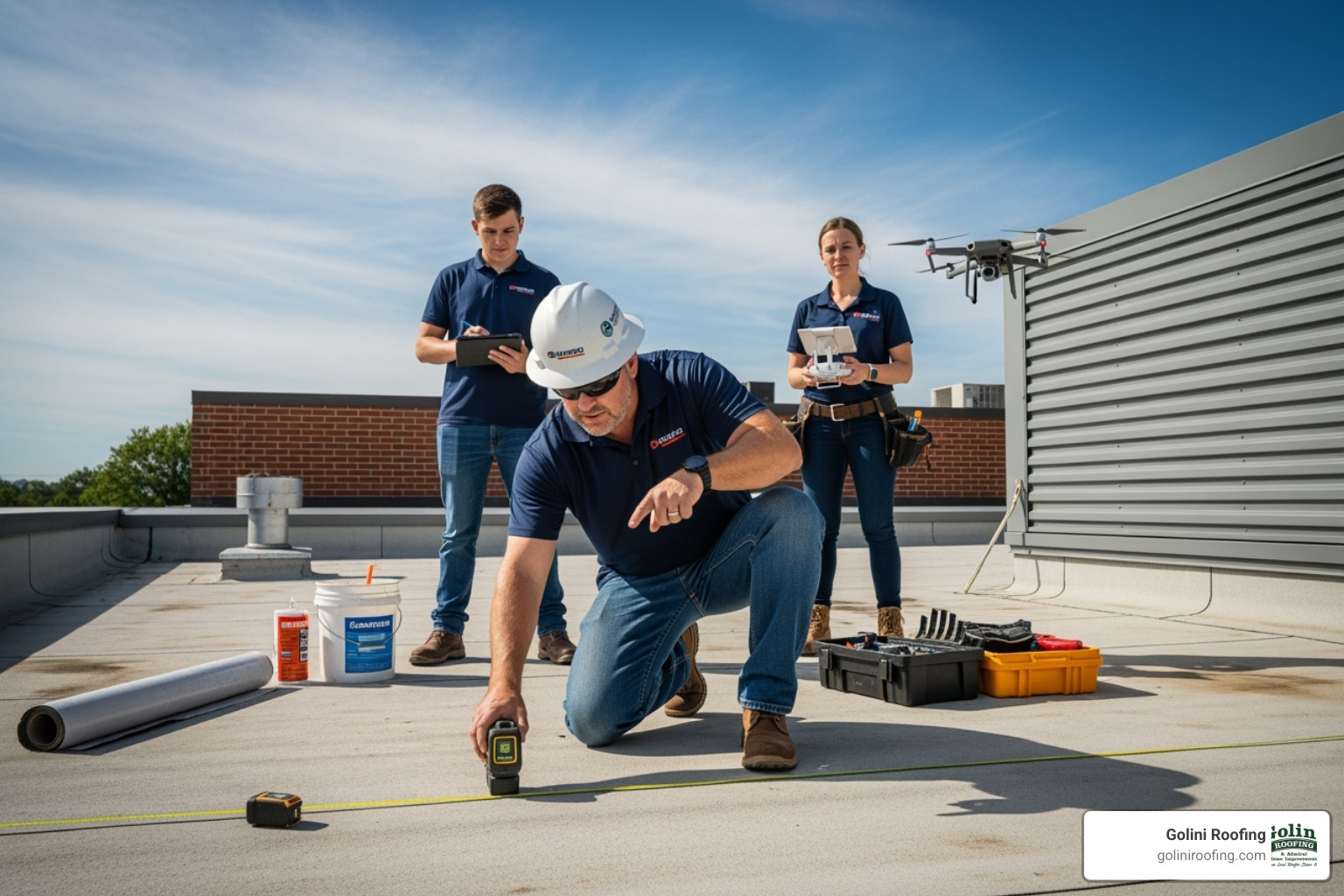 Image of a contractor on a roof discussing plans with a building owner. - Commercial roof estimate Image of a contractor on a roof discussing plans with a building owner. - Commercial roof estimate