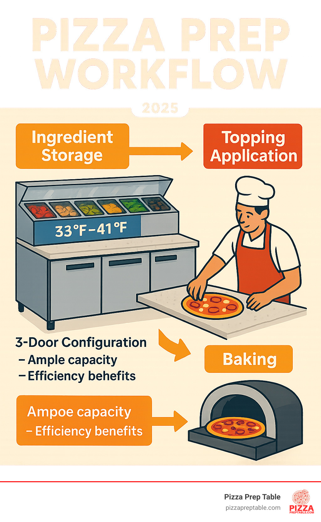 Infographic showing pizza prep workflow from ingredient storage in 3-door fridge through topping application to oven, highlighting temperature zones, storage capacity, and efficiency benefits of the 3-door configuration - 3 door pizza topping fridge infographic 