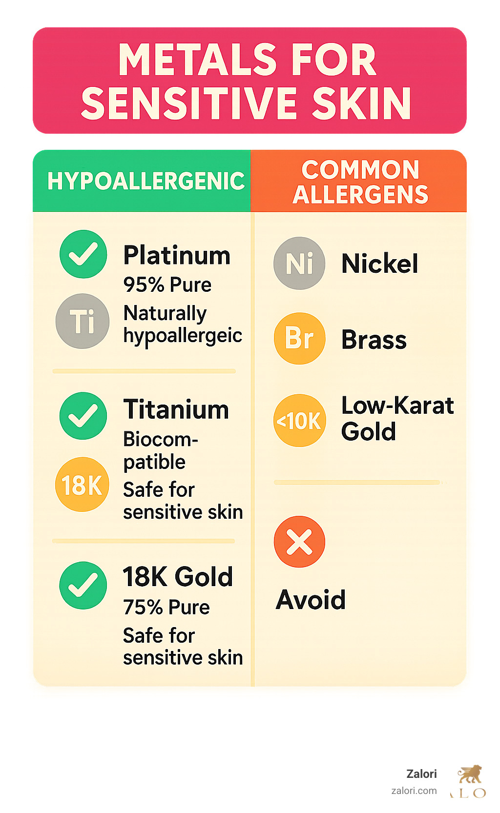 Infographic showing hypoallergenic metals (platinum, titanium, 18k gold) on the left with green checkmarks versus common allergens (nickel, brass, low-karat gold) on the right with red X marks, including purity percentages and safety ratings for sensitive skin - metals for sensitive skin infographic Infographic showing hypoallergenic metals (platinum, titanium, 18k gold) on the left with green checkmarks versus common allergens (nickel, brass, low-karat gold) on the right with red X marks, including purity percentages and safety ratings for sensitive skin - metals for sensitive skin infographic