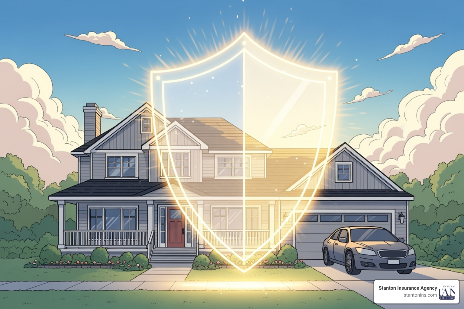of a shield icon protecting a car and a house. - car insurance manchester nh