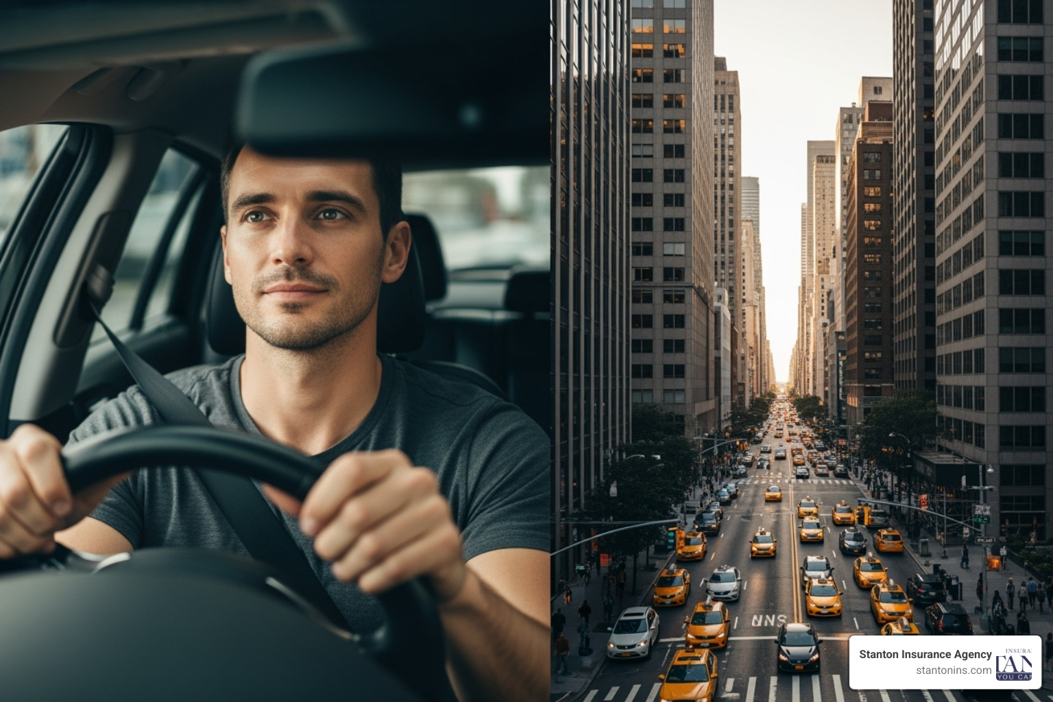 of a split screen showing a safe driver on one side and a city street on the other. - car insurance manchester nh