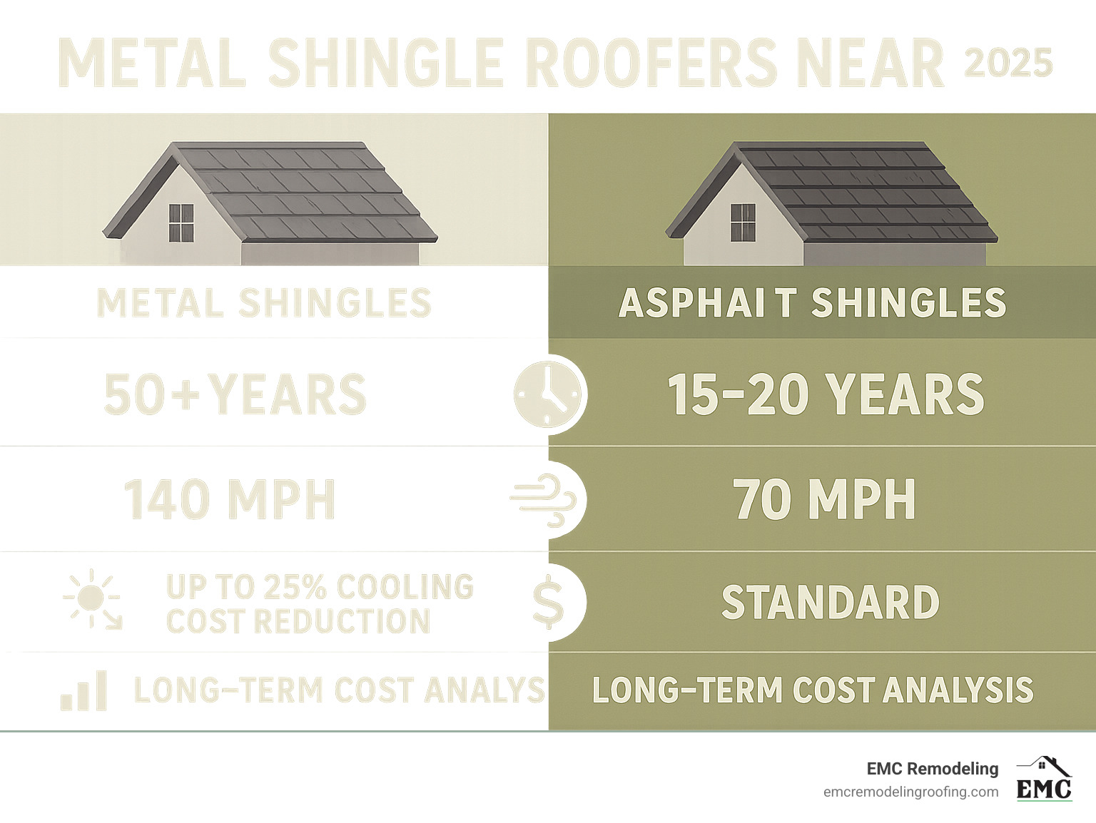 Infographic showing key differences between metal shingles and traditional asphalt shingles including lifespan comparison (50+ years vs 15-20 years), wind resistance (140 MPH vs 70 MPH), energy savings (up to 25% cooling cost reduction vs standard), and long-term cost analysis - metal shingle roofers near me infographic 