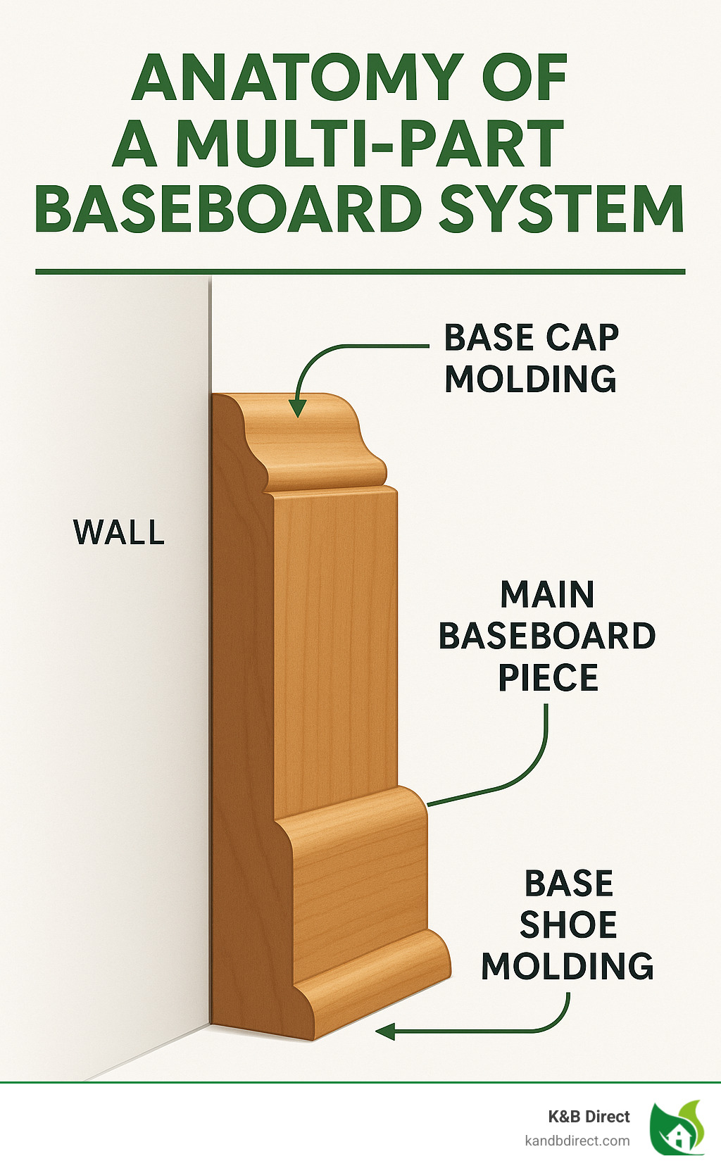 Infographic showing the anatomy of a multi-part baseboard system with labels pointing to the wall, main baseboard piece, base cap molding on top, and base shoe molding at the bottom, demonstrating how these components work together to create a layered, custom appearance - base cap molding profiles infographic Infographic showing the anatomy of a multi-part baseboard system with labels pointing to the wall, main baseboard piece, base cap molding on top, and base shoe molding at the bottom, demonstrating how these components work together to create a layered, custom appearance - base cap molding profiles infographic
