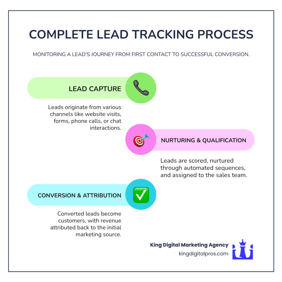 Comprehensive infographic showing the complete lead tracking process from initial website visitor or phone call through lead scoring, automated nurturing sequences, sales team assignment, and final conversion with revenue attribution back to original marketing source - Lead Tracking Services infographic infographic-line-3-steps-colors