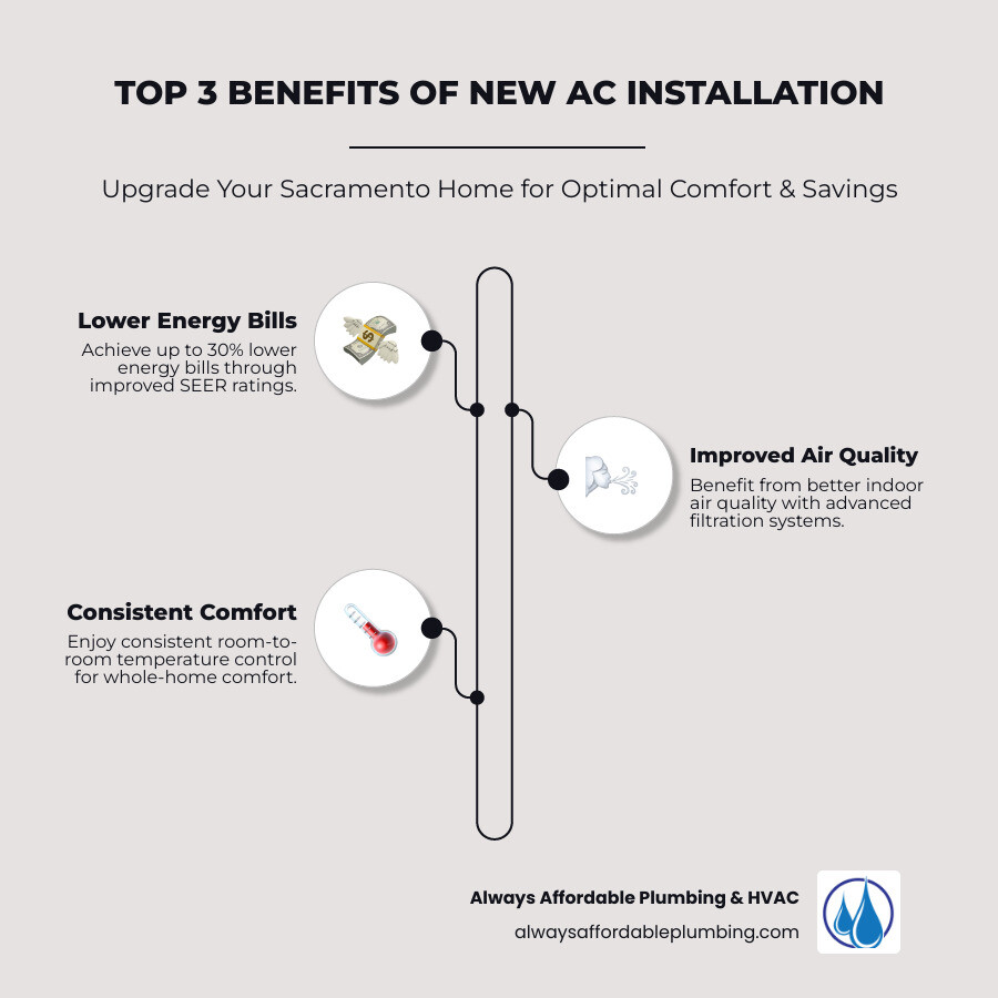 Infographic showing the top 3 benefits of new AC installation: 30% lower energy bills through improved SEER ratings, better indoor air quality with advanced filtration systems, and consistent room-to-room temperature control for whole-home comfort - ac installation sacramento infographic infographic-line-3-steps-neat_beige