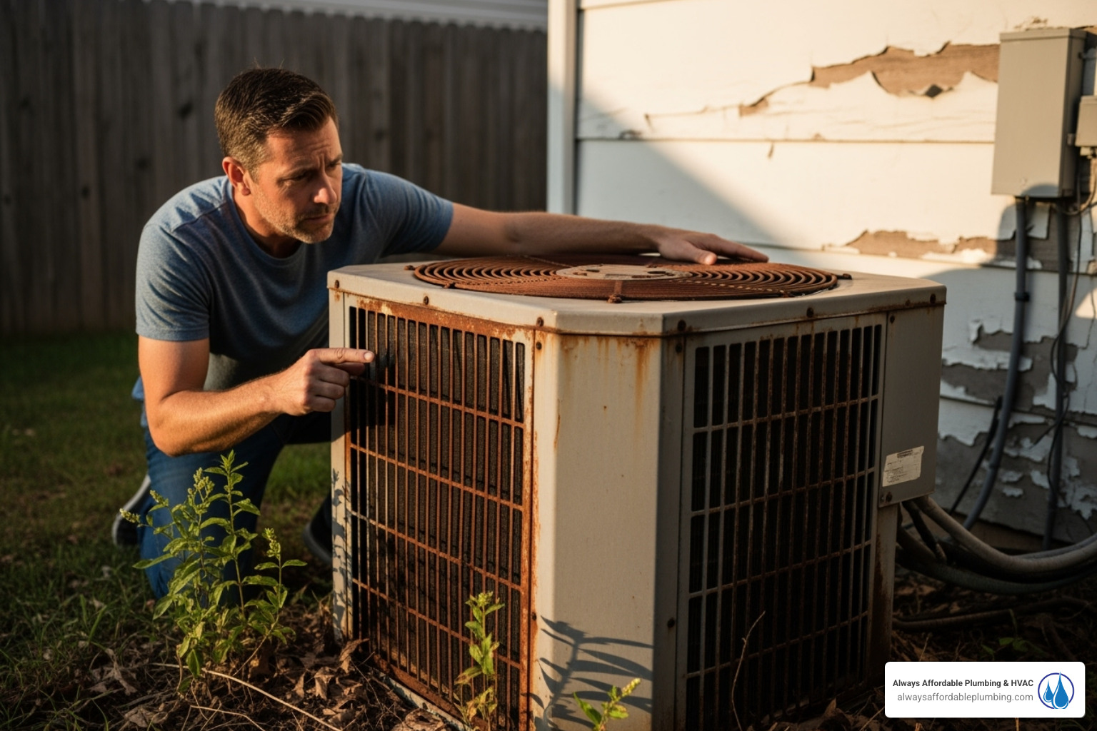 A homeowner looking concerned at an old, rusty AC unit - ac installation sacramento