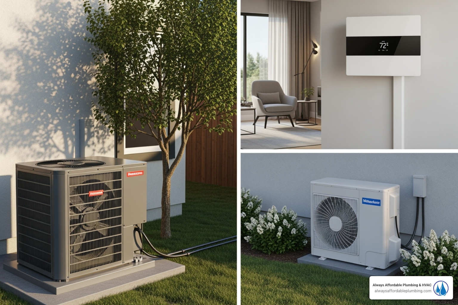 Image showing the three main types of AC systems (central, ductless, heat pump) - ac installation sacramento
