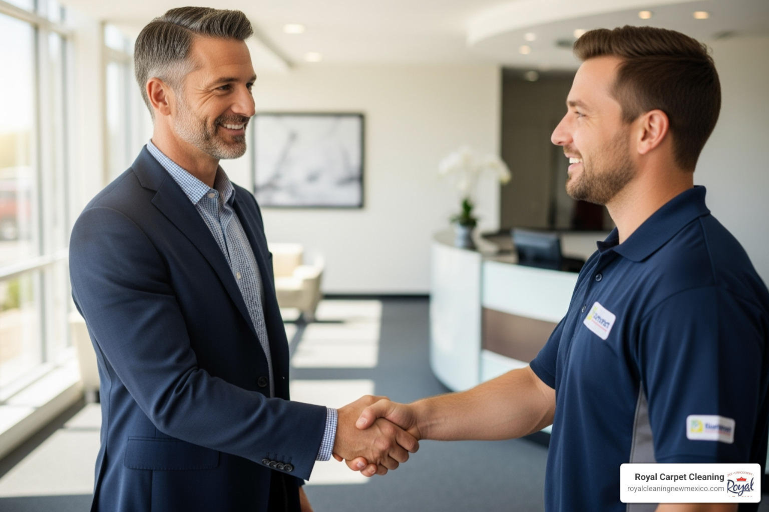 Business owner shaking hands with a uniformed carpet cleaner - Commercial carpet cleaning cost