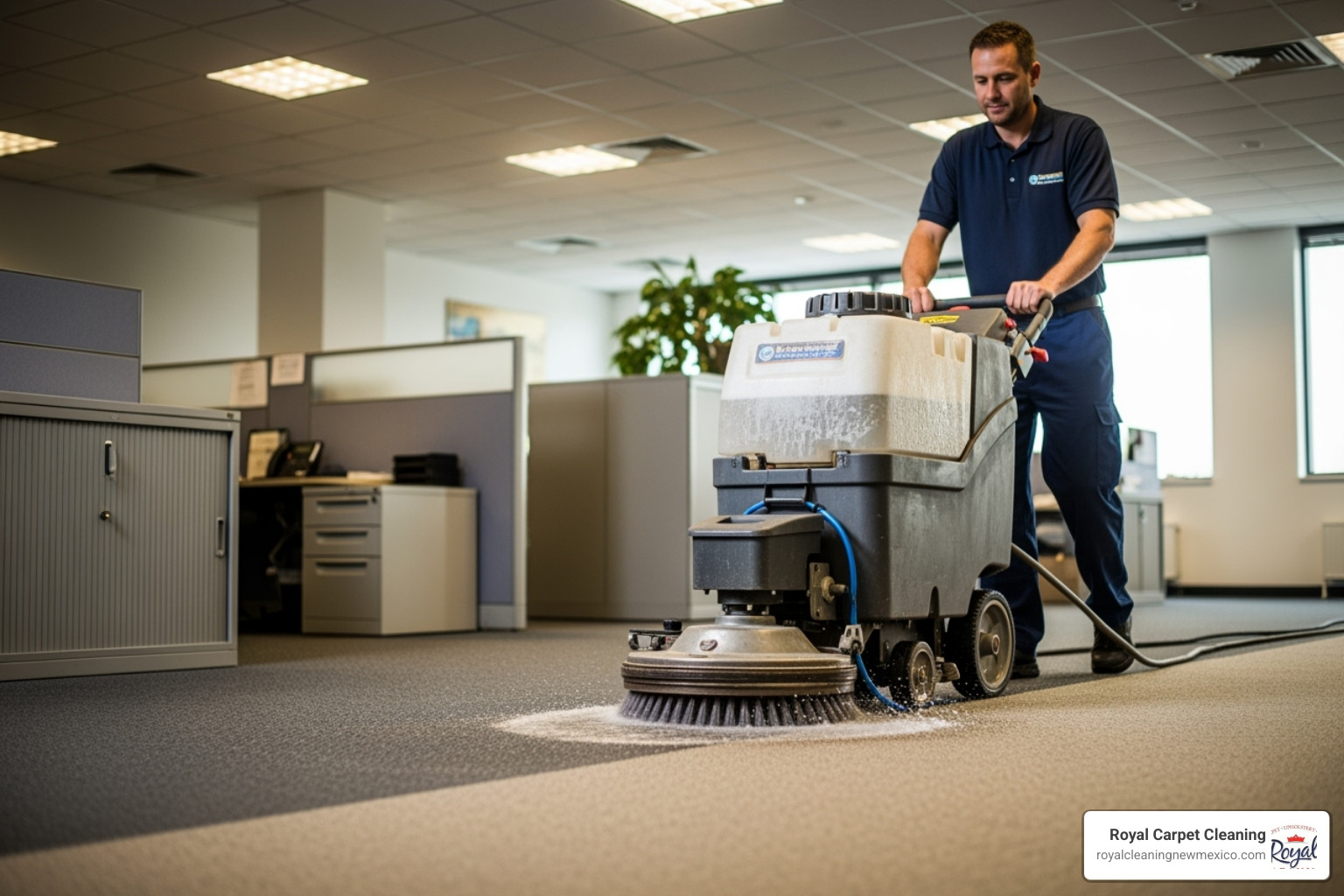 Professional cleaner using a commercial-grade machine on an office carpet - Commercial carpet cleaning cost