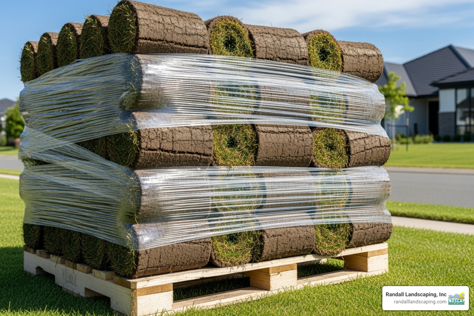 A pallet of sod rolls ready for installation, neatly stacked and wrapped in plastic - sod installation price