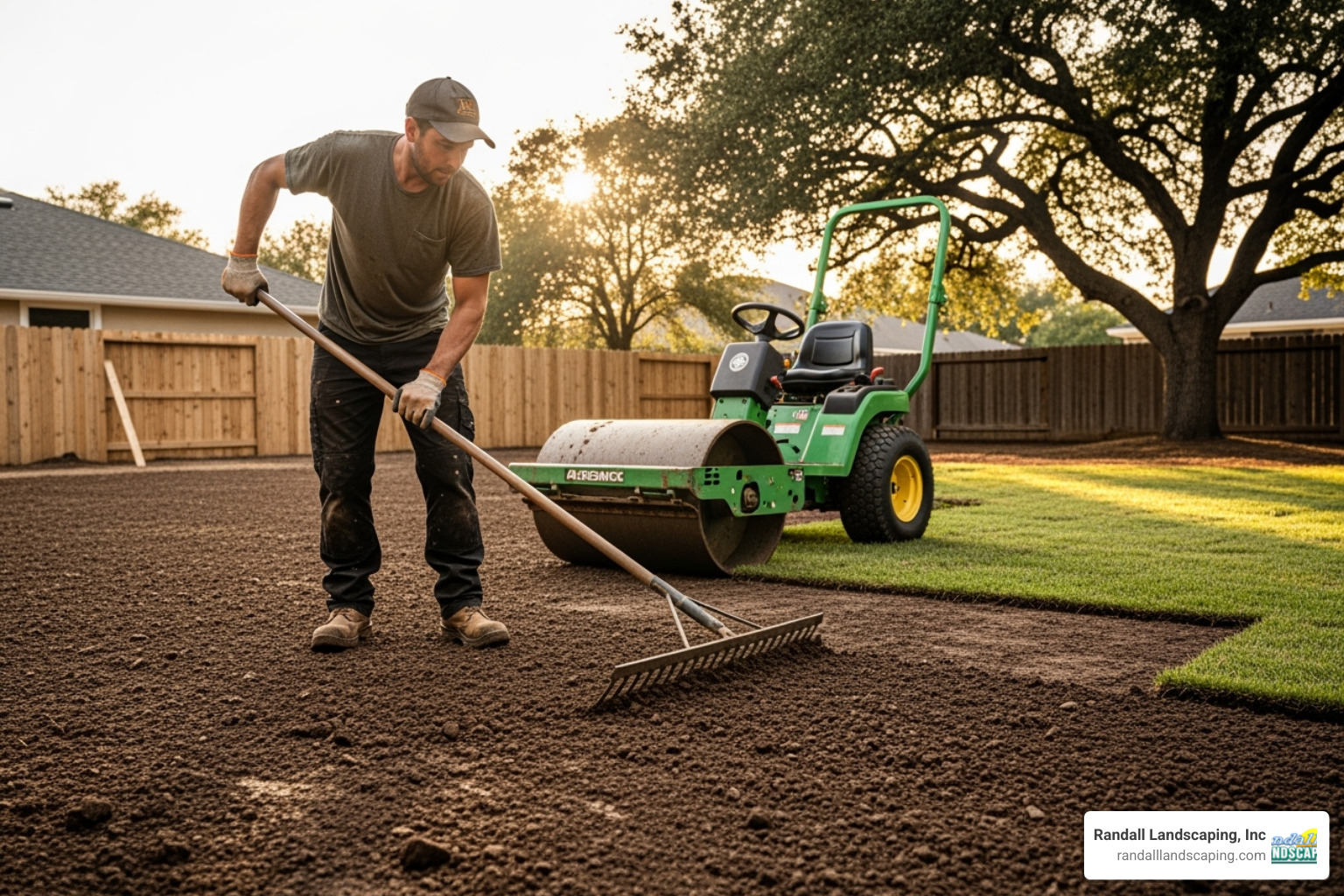 A landscaper grading the soil before laying sod, ensuring a smooth and level surface - sod installation price