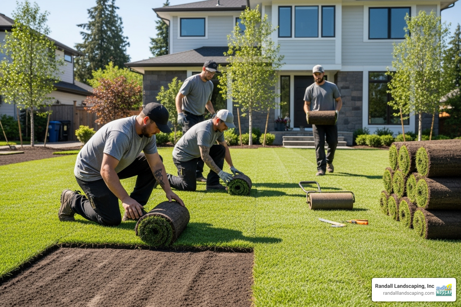 The Randall Landscaping team professionally laying sod on a prepared lawn, ensuring precise placement - sod installation price