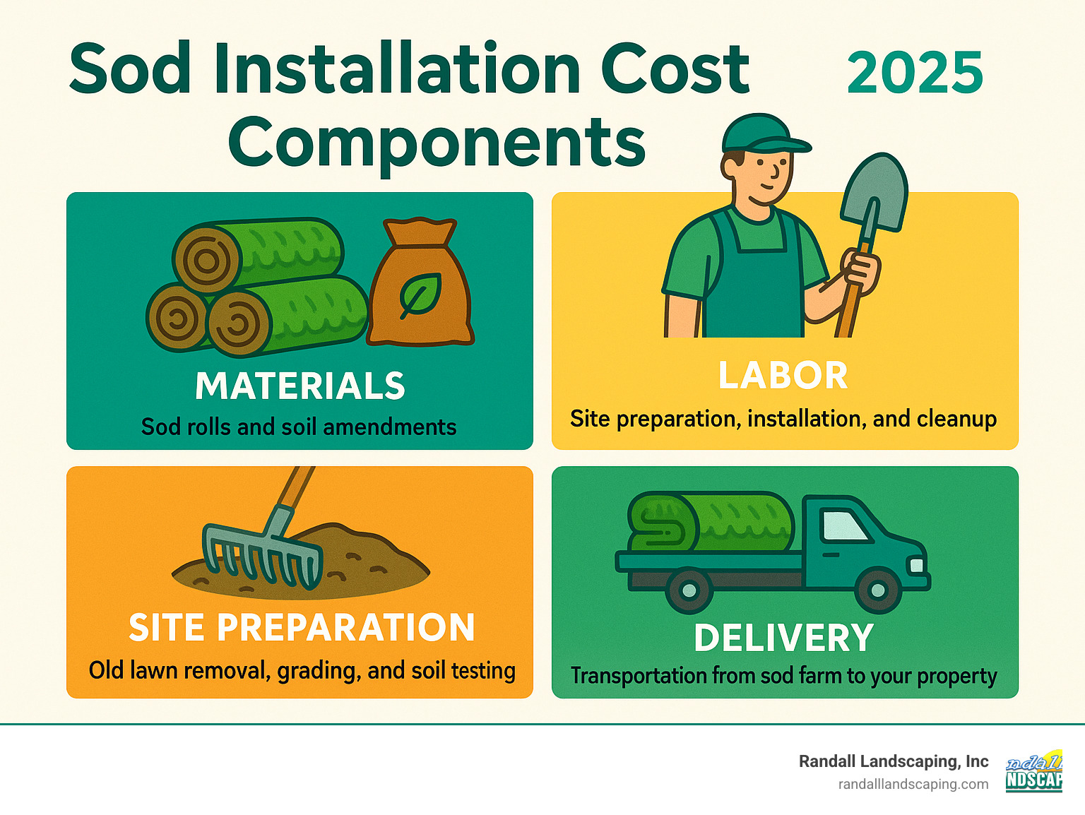 Detailed infographic showing the four main cost components of sod installation: Materials (sod rolls and soil amendments), Labor (site preparation, installation, and cleanup), Site Preparation (old lawn removal, grading, and soil testing), and Delivery (transportation from sod farm to your property) - sod installation price infographic 