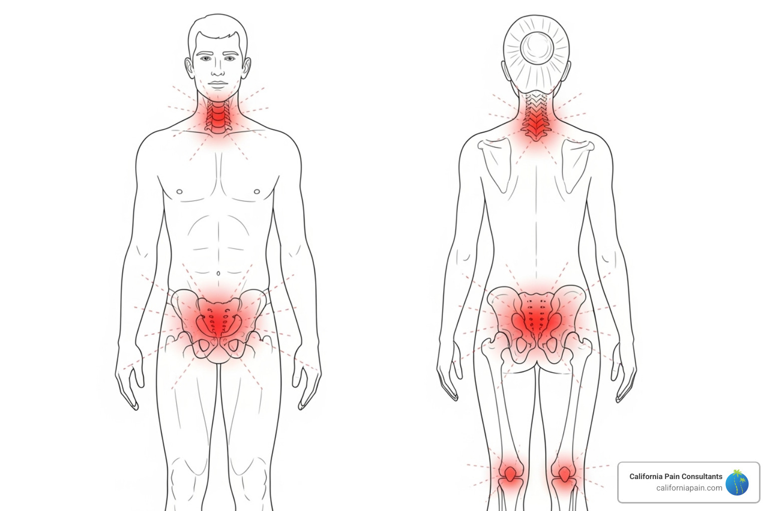 Illustration of a human body highlighting common chronic pain areas such as the lower back, neck, shoulders, hips, and knees, with radiating pain lines to indicate discomfort - chronic pain relief