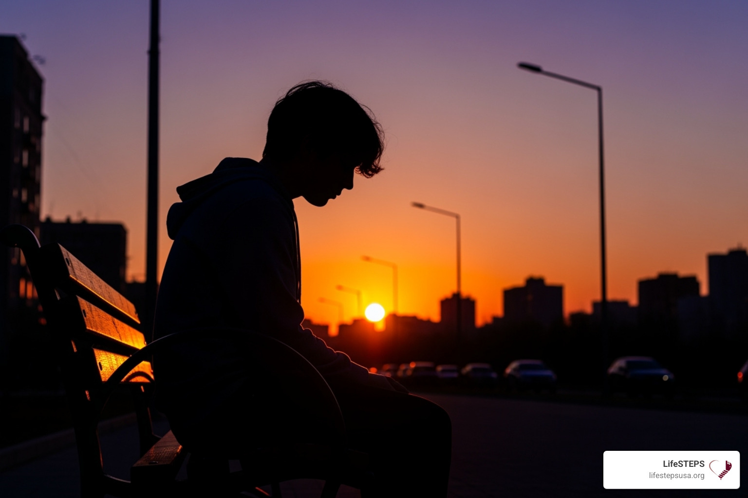A silhouette of a young person sitting alone in an urban setting - california at risk youth