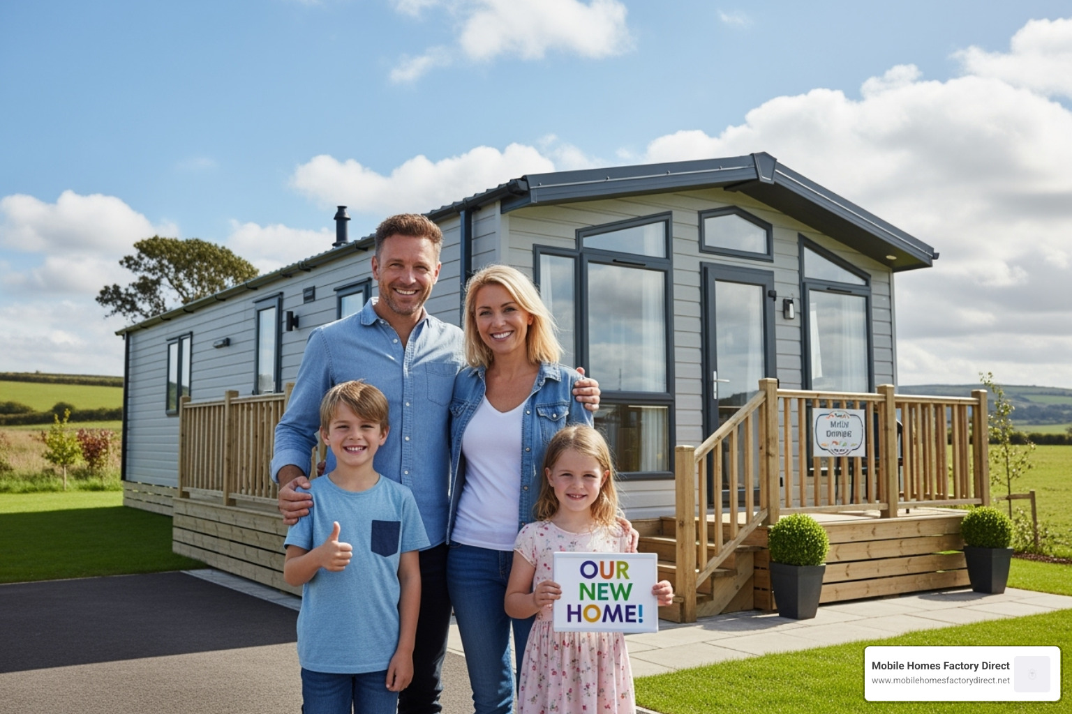 Family smiling in front of their new mobile home - Elmendorf mobile homes Family smiling in front of their new mobile home - Elmendorf mobile homes