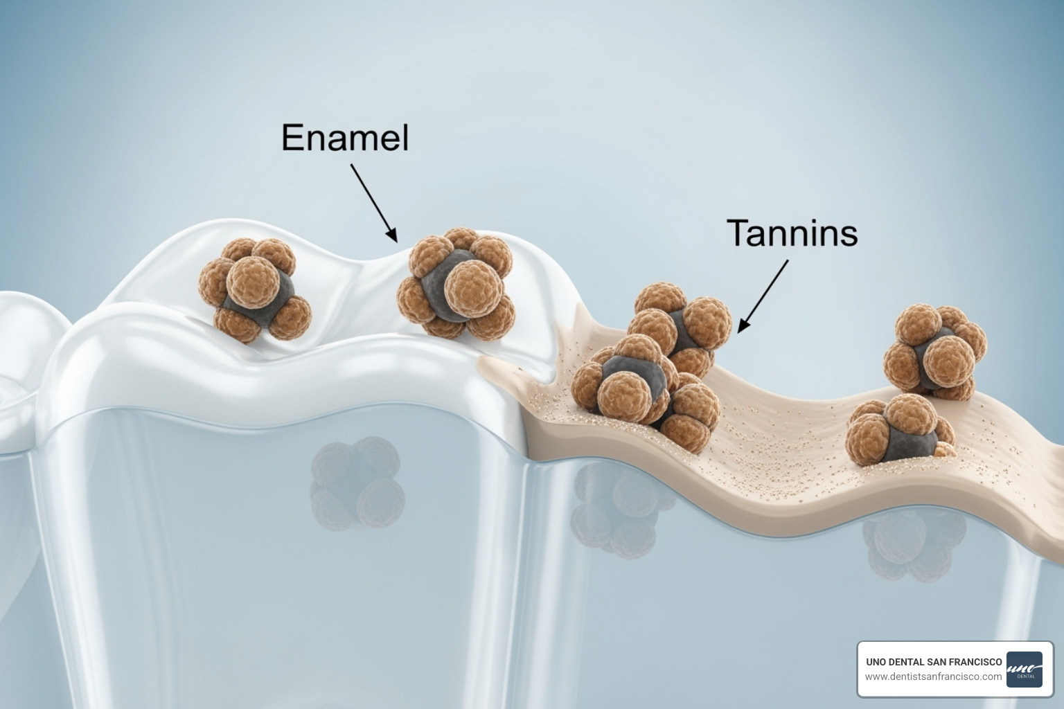 A diagram showing a tooth's enamel with tannins attaching to it - how to keep coffee from staining teeth