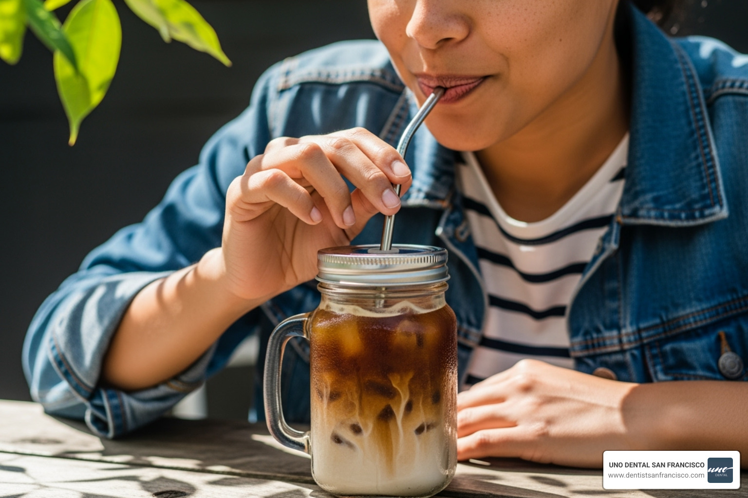 A person drinking iced coffee through a reusable straw - how to keep coffee from staining teeth