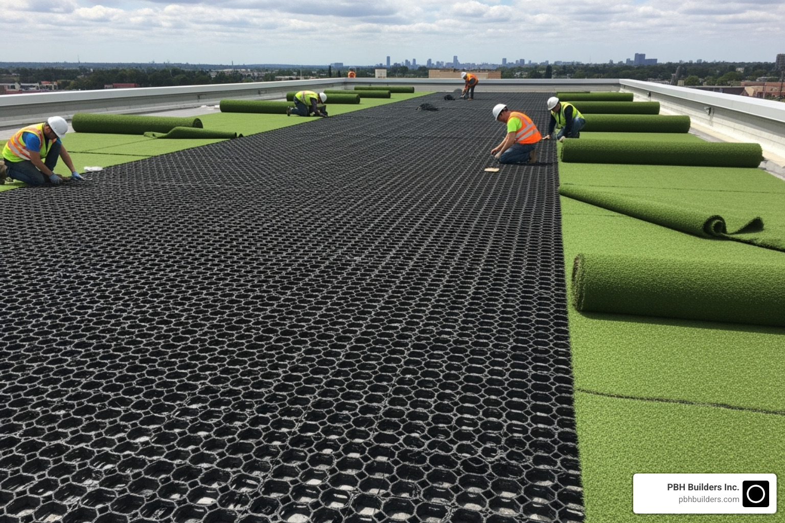 Specialized geocell drainage grid being installed on a rooftop - artificial grass rooftop installation