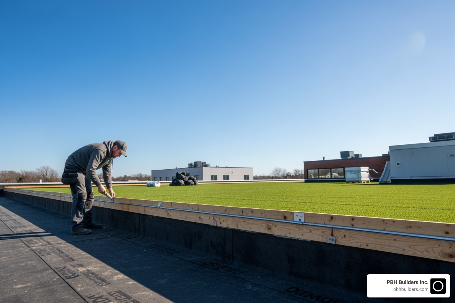 Worker securing a perimeter nailer board - artificial grass rooftop installation