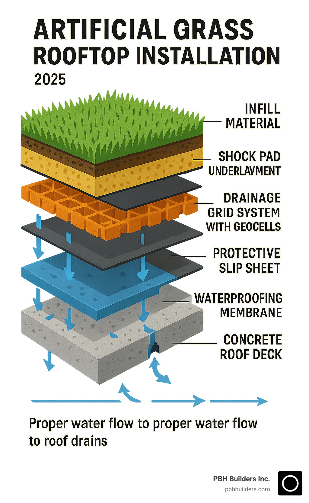 Detailed cross-section infographic showing rooftop artificial grass installation layers: concrete roof deck at bottom, waterproofing membrane, protective slip sheet, drainage grid system with geocells, shock pad underlayment, artificial grass turf, and infill material on top, with arrows showing proper water flow to roof drains - artificial grass rooftop installation infographic 