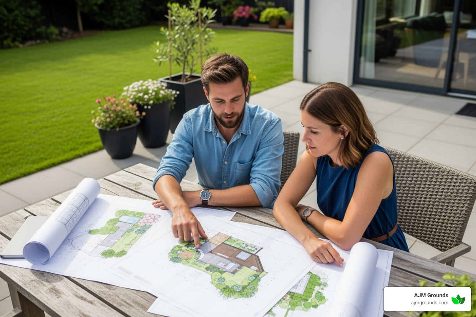 two people having a professional consultation over backyard blueprints - backyard contractor two people having a professional consultation over backyard blueprints - backyard contractor