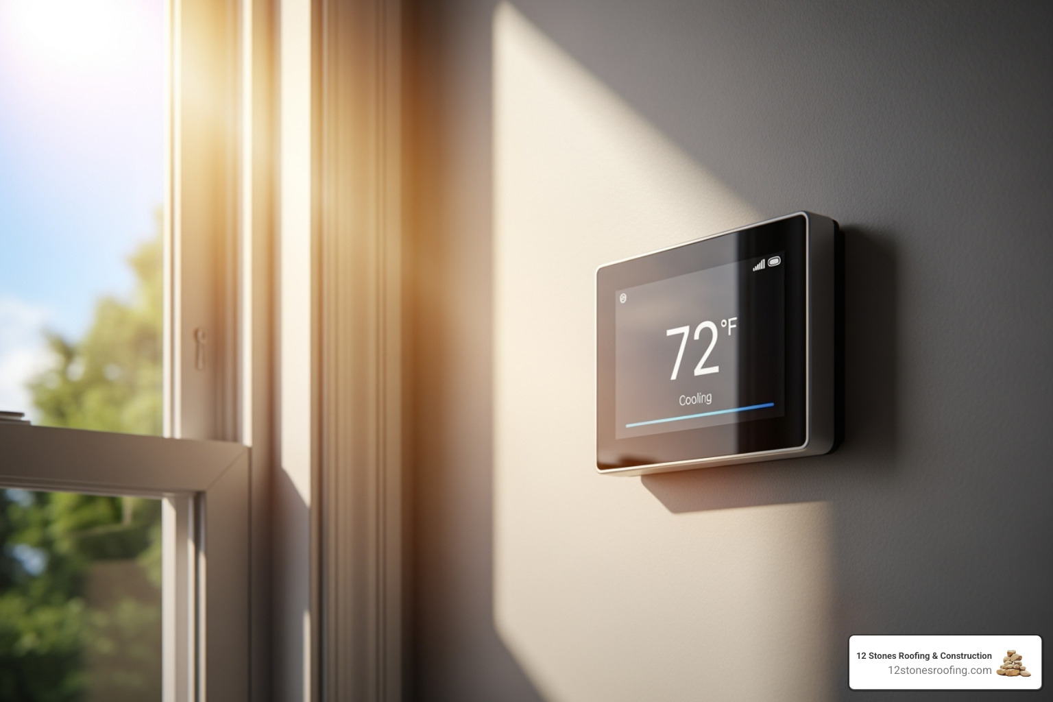 A thermostat displaying a cool, comfortable indoor temperature while it's visibly sunny outside - Energy efficient roofing Houston