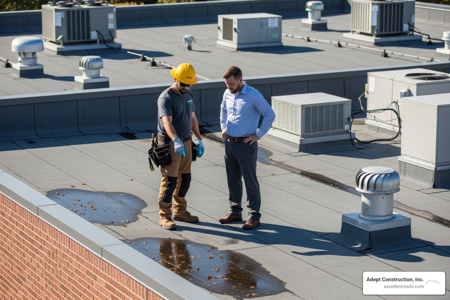 Roofing contractor inspecting commercial roof with building manager - Commercial re-roofing cost