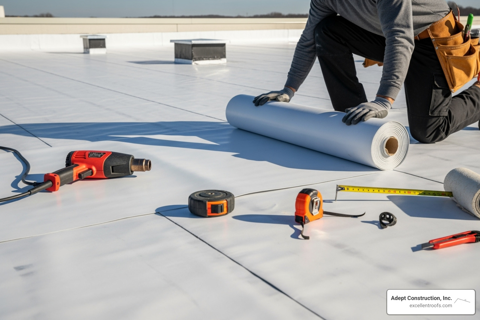 TPO roofing roll being installed - Commercial re-roofing cost