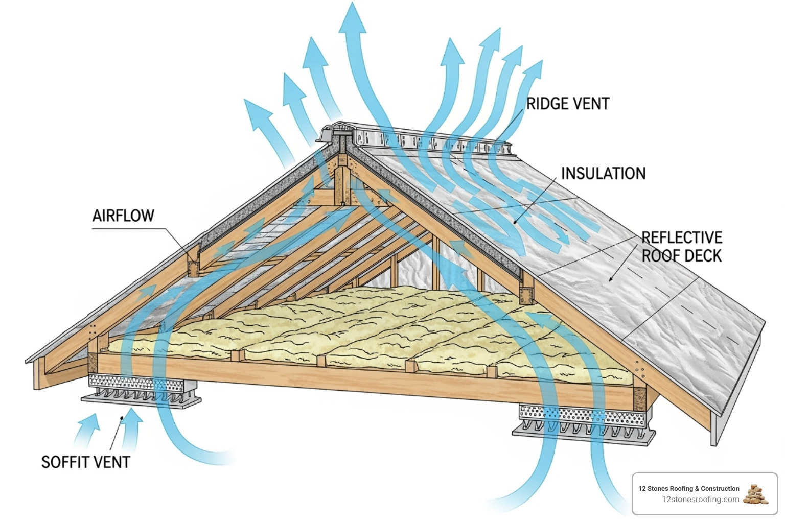 A cutaway attic diagram showing airflow from soffit to ridge vents, with insulation on the attic floor and a reflective roof above - Energy efficient roofing Houston