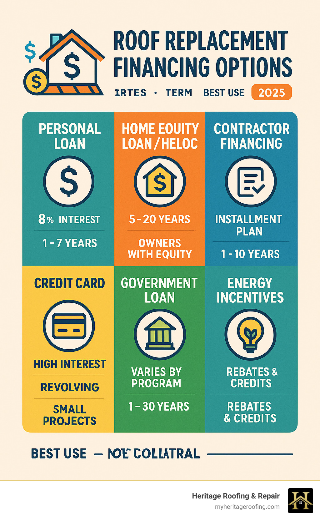 Comprehensive breakdown of roof replacement financing options showing loan types, interest rates, terms, and best use cases for homeowners comparing personal loans, home equity options, contractor financing, credit cards, government programs, and energy incentives - roof replacement financing options infographic 