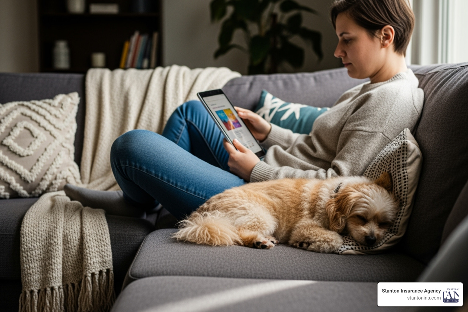 A tenant reviewing their renters insurance policy on a tablet while their small dog sleeps on the couch next to them. - does apartment building insurance have dog bite