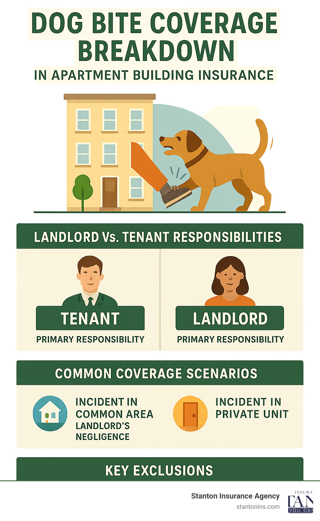 Dog bite coverage breakdown showing landlord vs tenant responsibilities, common coverage scenarios, and key exclusions in apartment building insurance policies - does apartment building insurance have dog bite infographic 