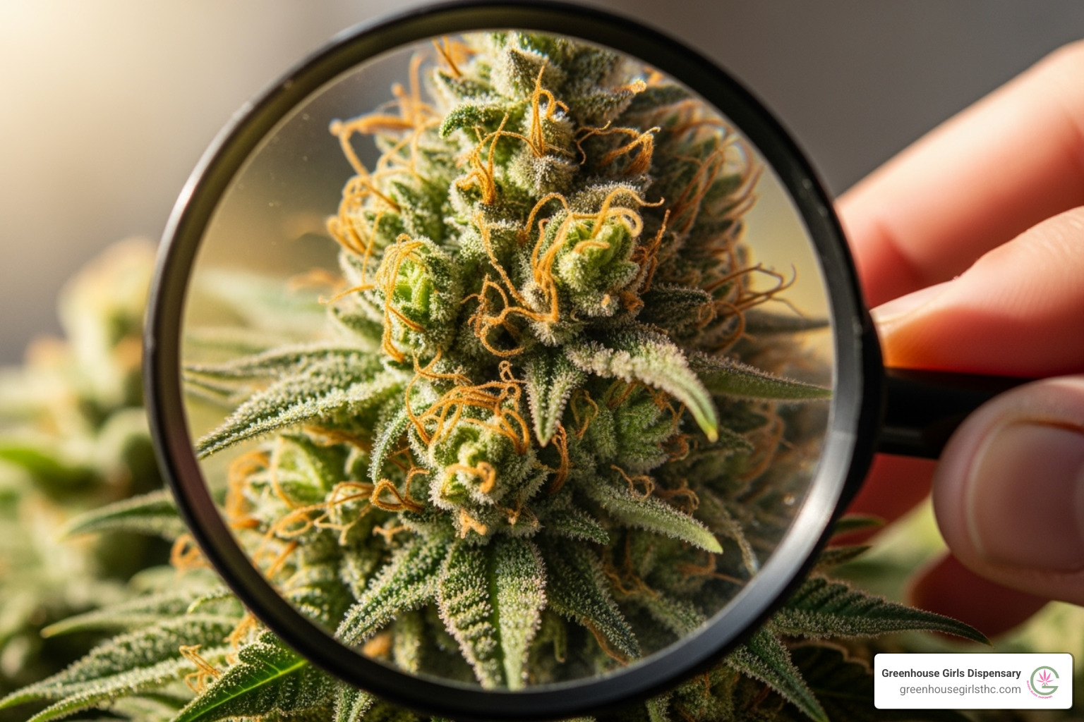 Person examining CBD flower bud with magnifying glass - cbd flower no thc