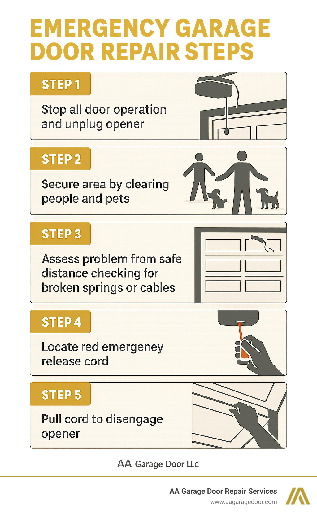 Emergency garage door repair steps infographic showing: Step 1 - Stop all door operation and unplug opener, Step 2 - Secure area by clearing people and pets, Step 3 - Assess problem from safe distance checking for broken springs or cables, Step 4 - Locate red emergency release cord, Step 5 - Pull cord to disengage opener, Step 6 - Test manual door operation carefully - emergency garage door opener repair infographic 