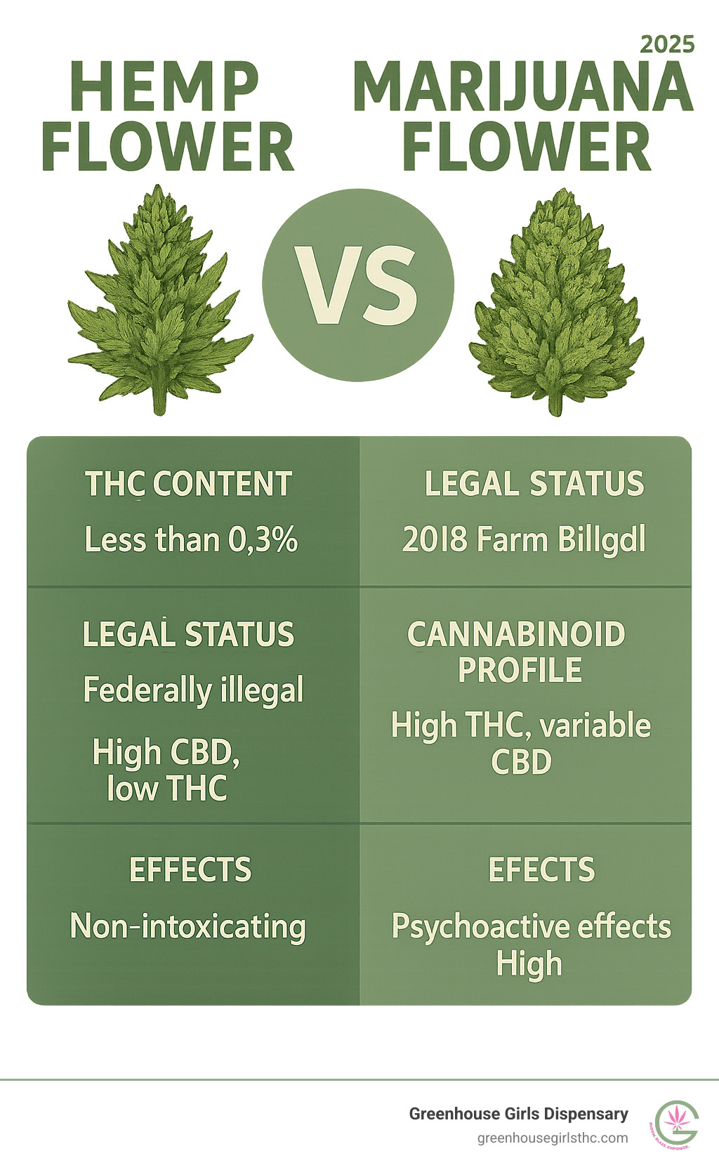Comprehensive comparison infographic showing hemp flower vs marijuana flower, highlighting THC content differences, legal status under 2018 Farm Bill, cannabinoid profiles, and effects on users - cbd flower no thc infographic 