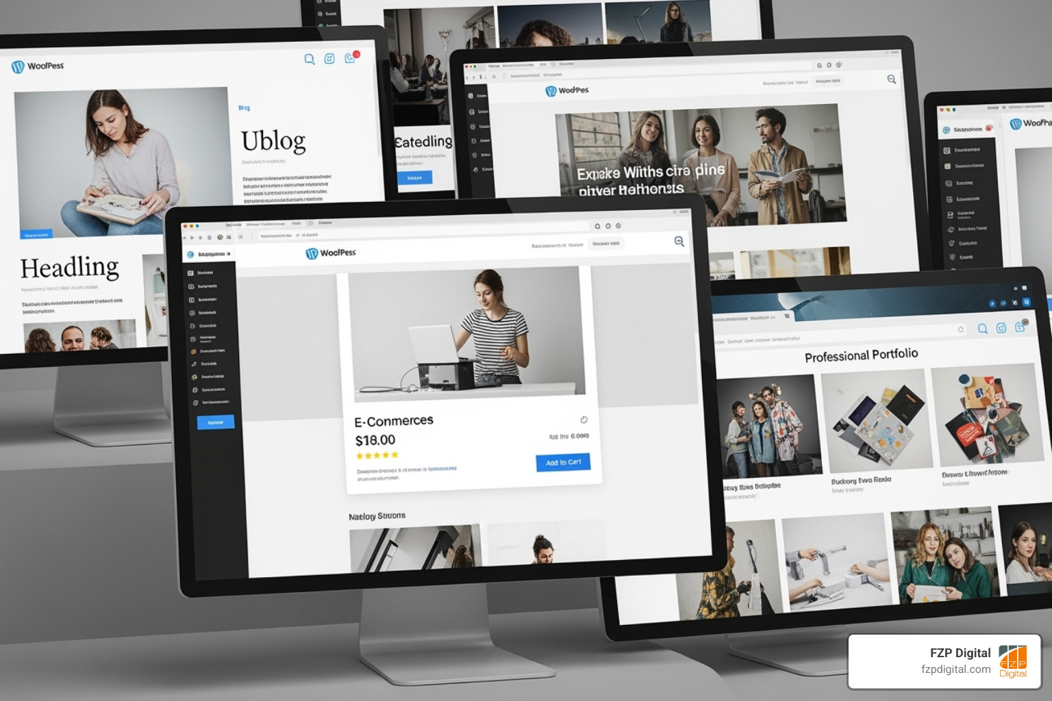 Collage of different types of WordPress websites including a blog, an e-commerce store, and a professional portfolio - wordpress website design